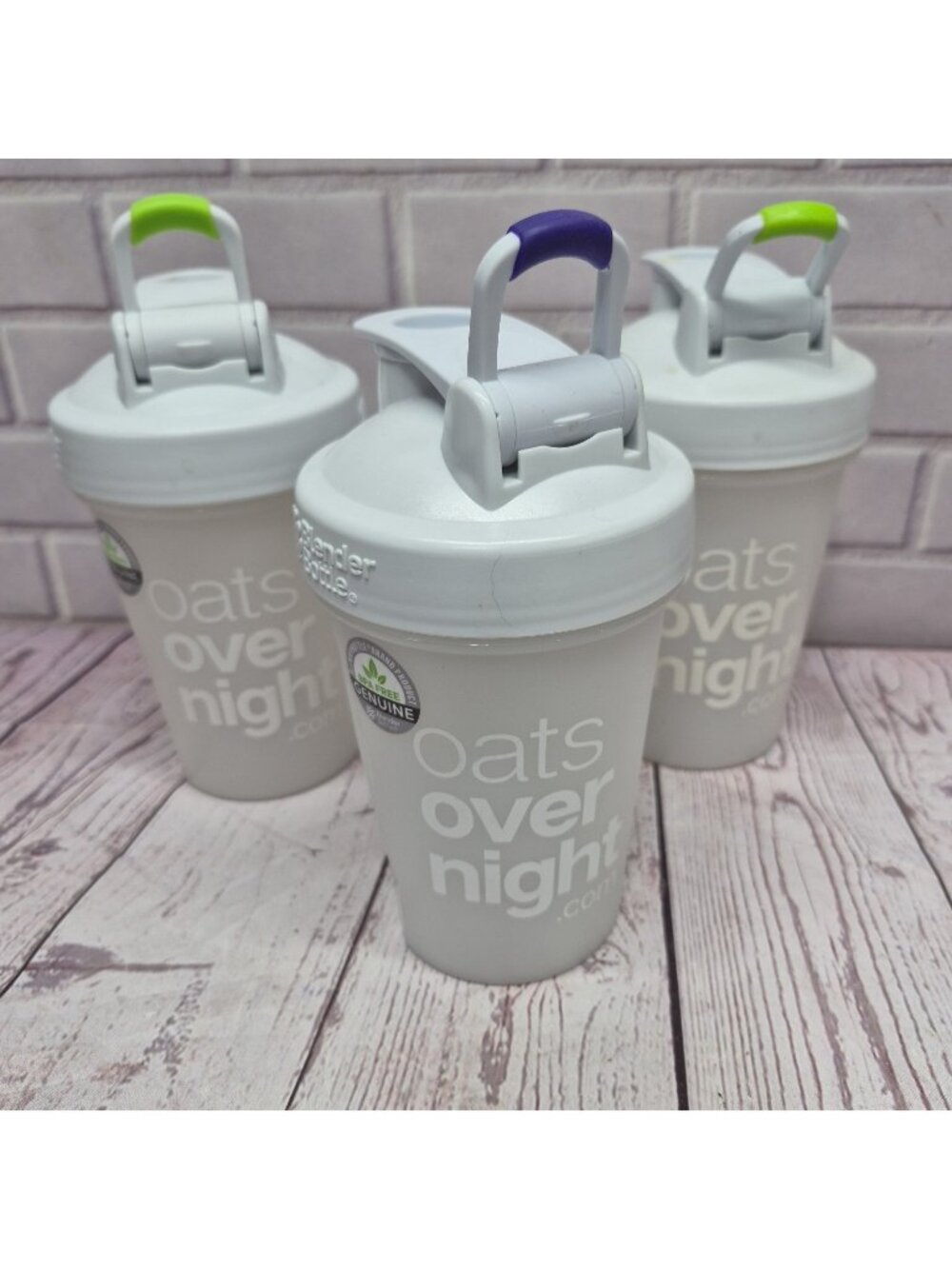 Lot Oats Over Night (3) Shaker Blender Bottle White Green Purple Mixer To Go Cup